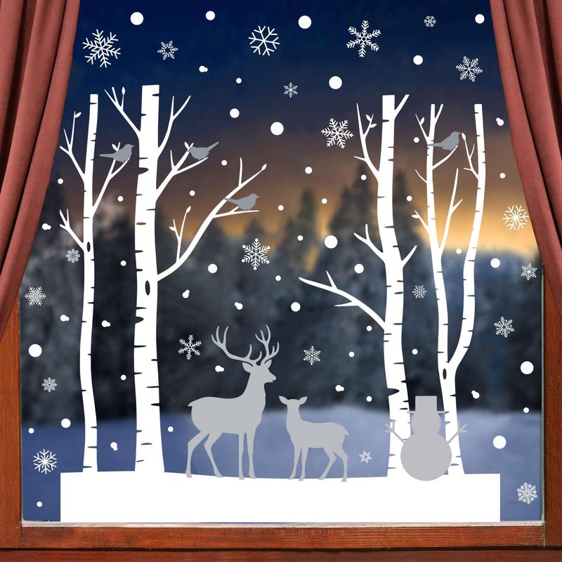 Kasubeso Large Birch Tree Deer Window Decal, Snowy Christmas Snowman Window Stickers, Peel and Stick Winter Snowflake Window Clings for Holiday Party Bedroom Living Room Offices Home Decoration - Image 1